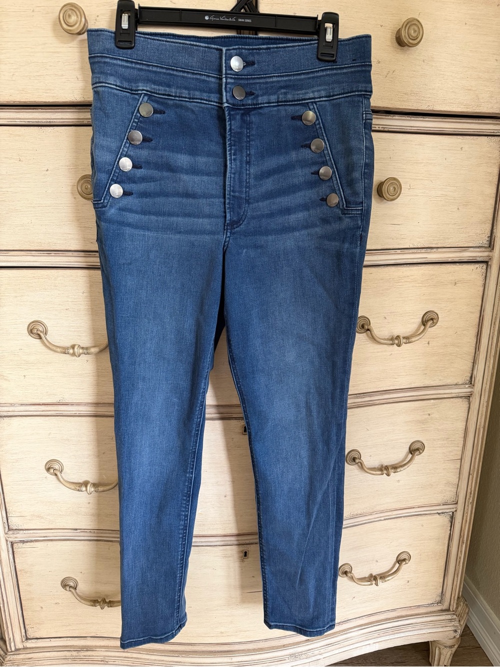 Express High-Rise Blue Denim Jeans with Button Accent - Picture 3 of 7
